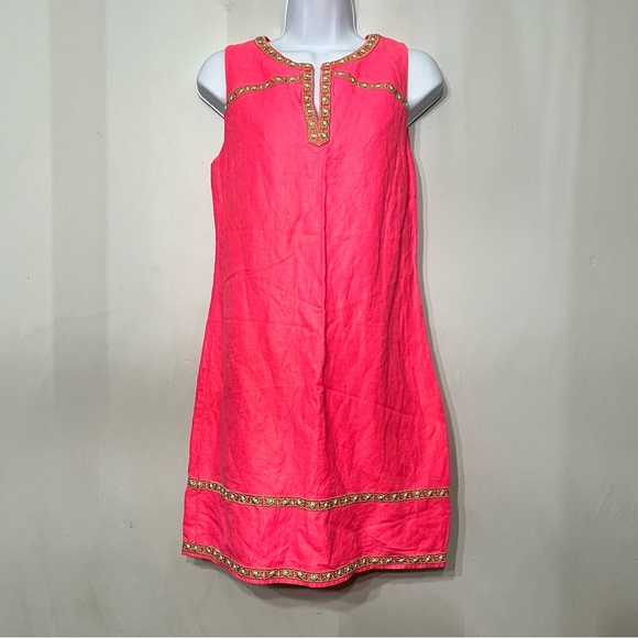 Vineyard Vines Dress Shimmer Linen Tunic Sleeveless Hot Pink Gold Embroidery 0 S - Picture 1 of 12